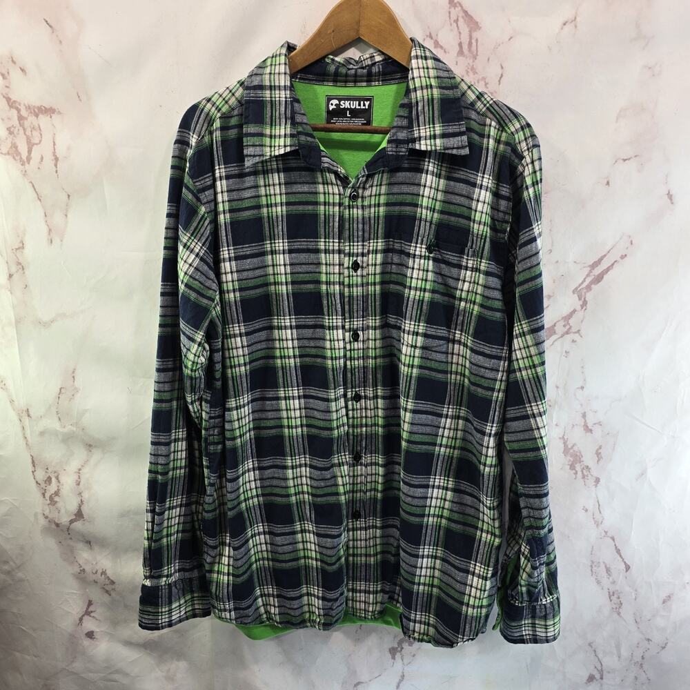 Scully Shirt Mens Large Flannel Navy Green Plaid Long Sleeve Button Slub Lined